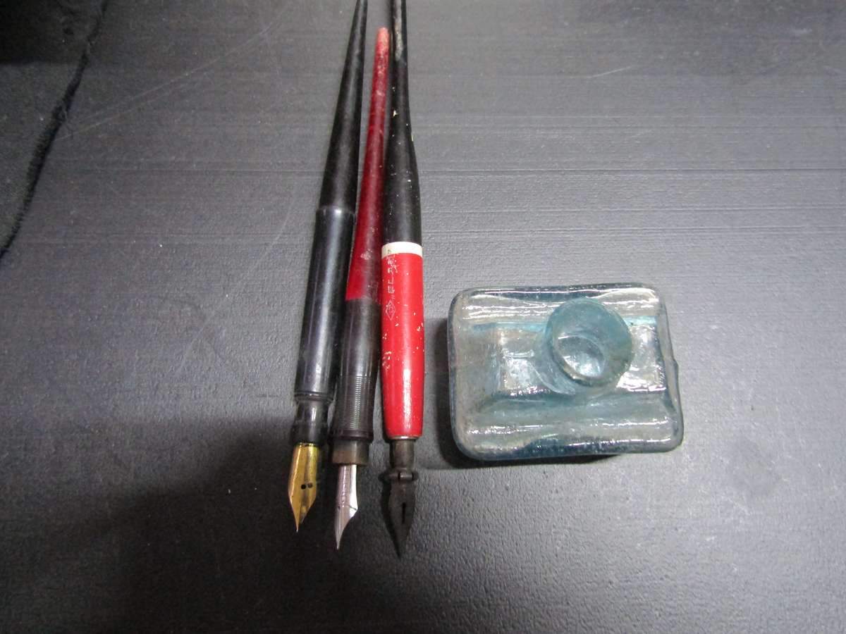 Late 1800 Ink Bottle with 3 Quill Pens Easterbrook Founto ink and Herm Leif