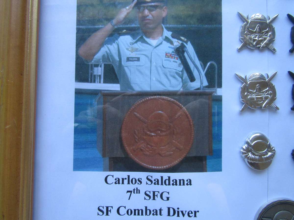 RARE RARE RARE Carlos Saldana 7th SFG Combat Diver US Army Badges in Frame. All pins intact.