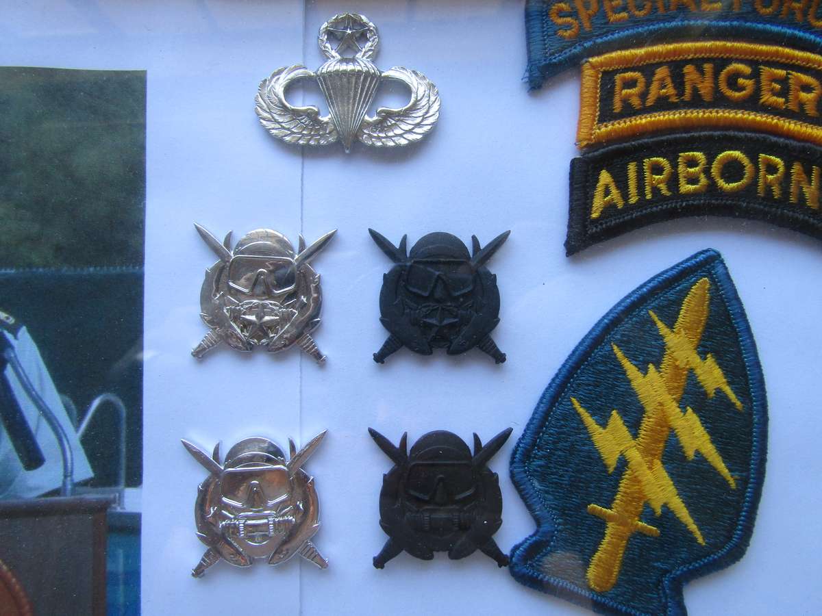 RARE RARE RARE Carlos Saldana 7th SFG Combat Diver US Army Badges in Frame. All pins intact.