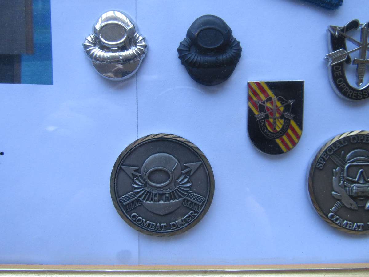 RARE RARE RARE Carlos Saldana 7th SFG Combat Diver US Army Badges in Frame. All pins intact.