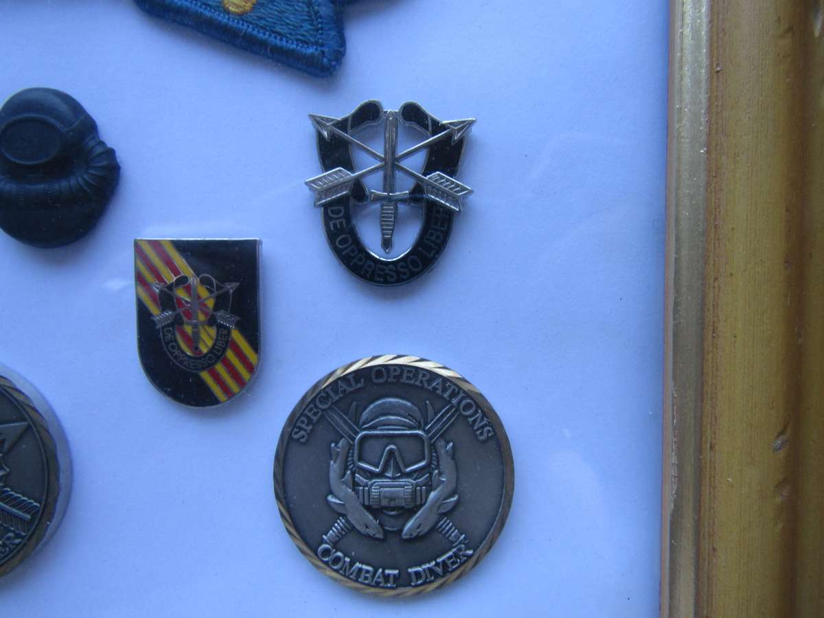 RARE RARE RARE Carlos Saldana 7th SFG Combat Diver US Army Badges in Frame. All pins intact.
