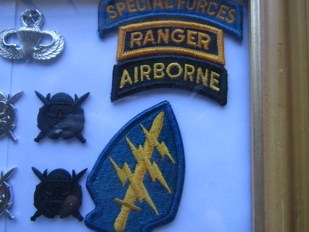 RARE RARE RARE Carlos Saldana 7th SFG Combat Diver US Army Badges in Frame. All pins intact.