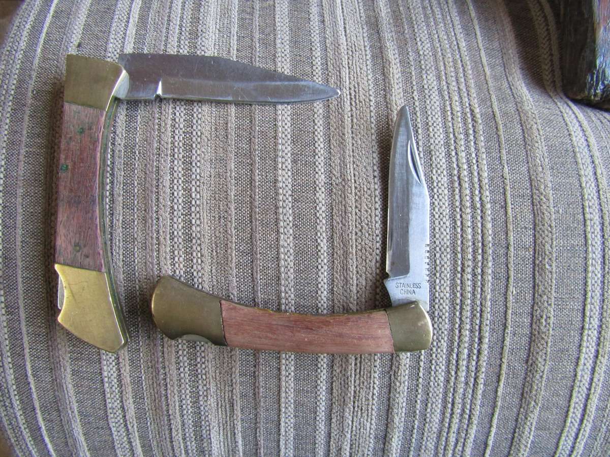 2 Stainless Steel Copper and wood Folding Pocket Knive.  Blade 9cm