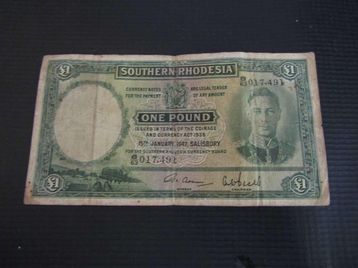 1947 Southern Rhodesian One Pound Banknote Catalogue $450