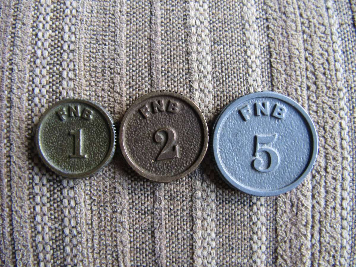 FNB Training Coins. For training only. R5 R2 and R1