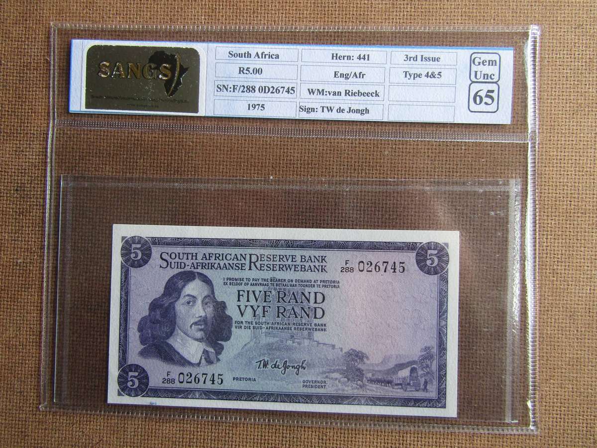1975 TW de Jongh Five Rand Banknote graded Gem UNC 65