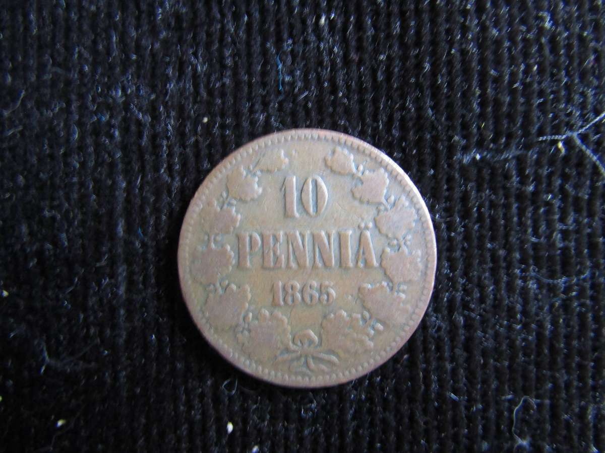 Scarce 1865 Finland 10Peeia Coin. Mintage 250 000