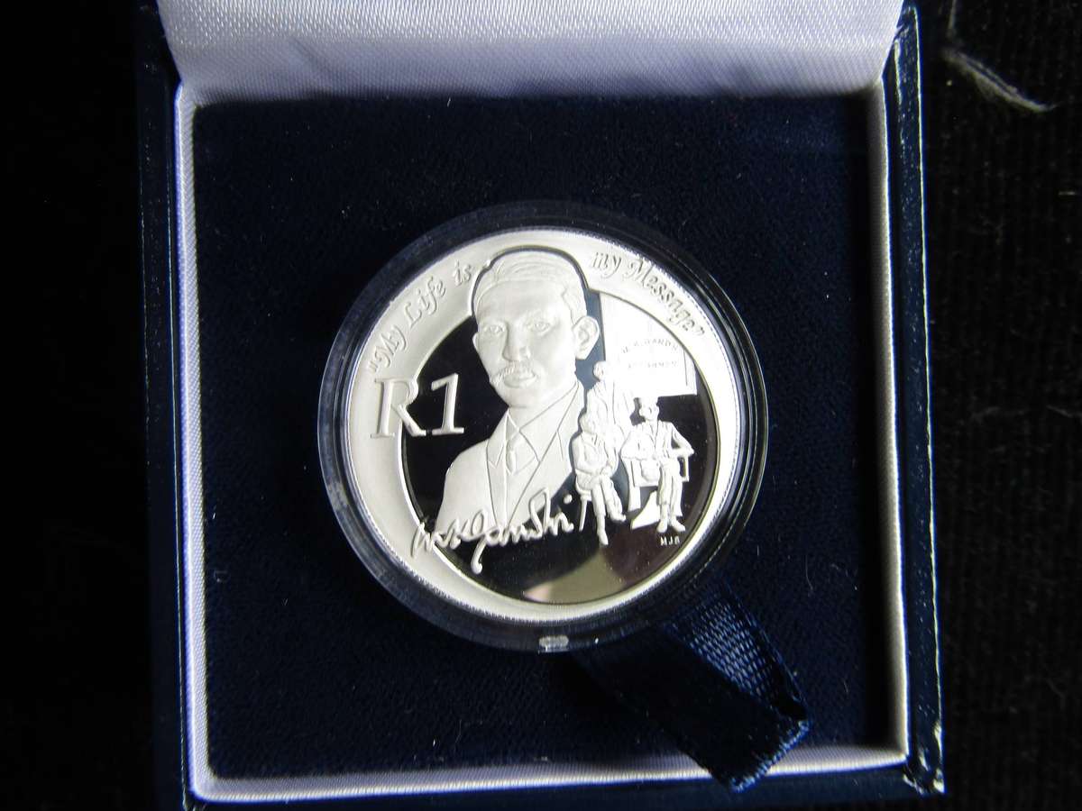 2008 M Ghandi Silver Proof One Rand with Box and COA