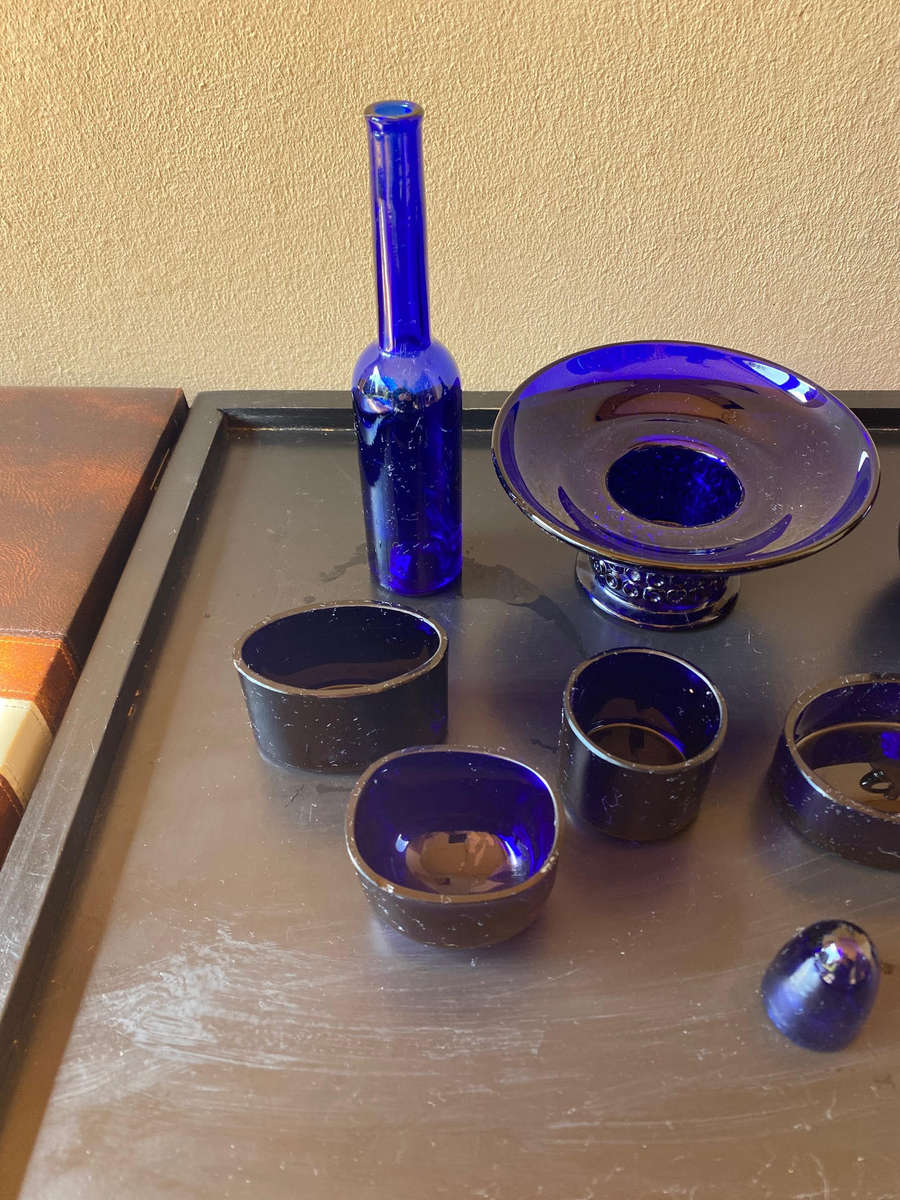 collection of blue antique glass