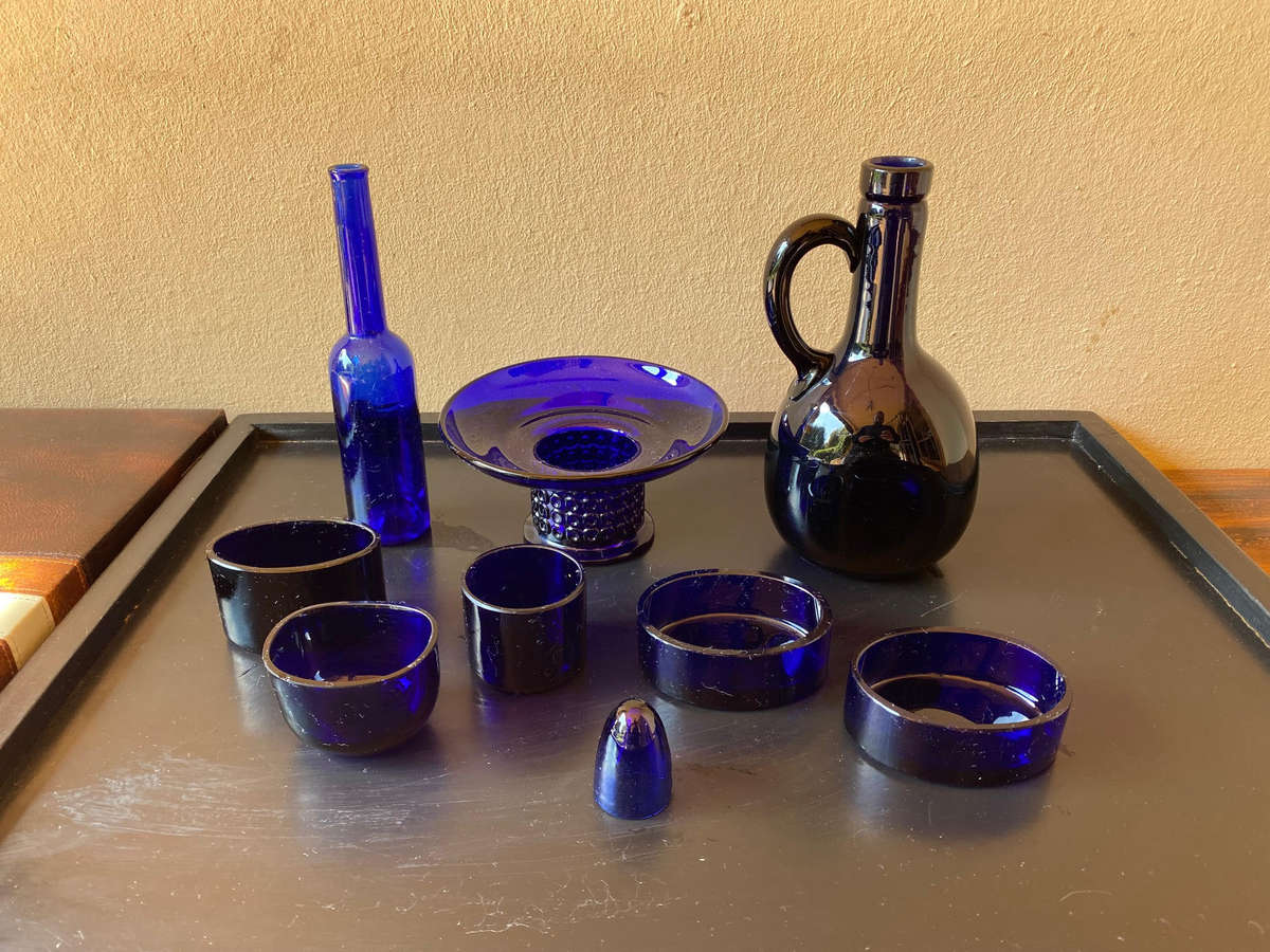 collection of blue antique glass