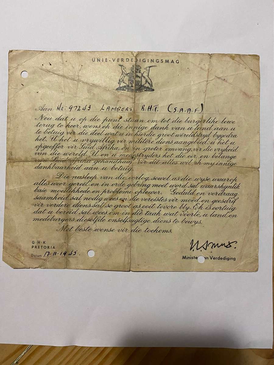 South African World War II Demobilisation / Service Appreciation Letter 1945 issued by Jan Smuts