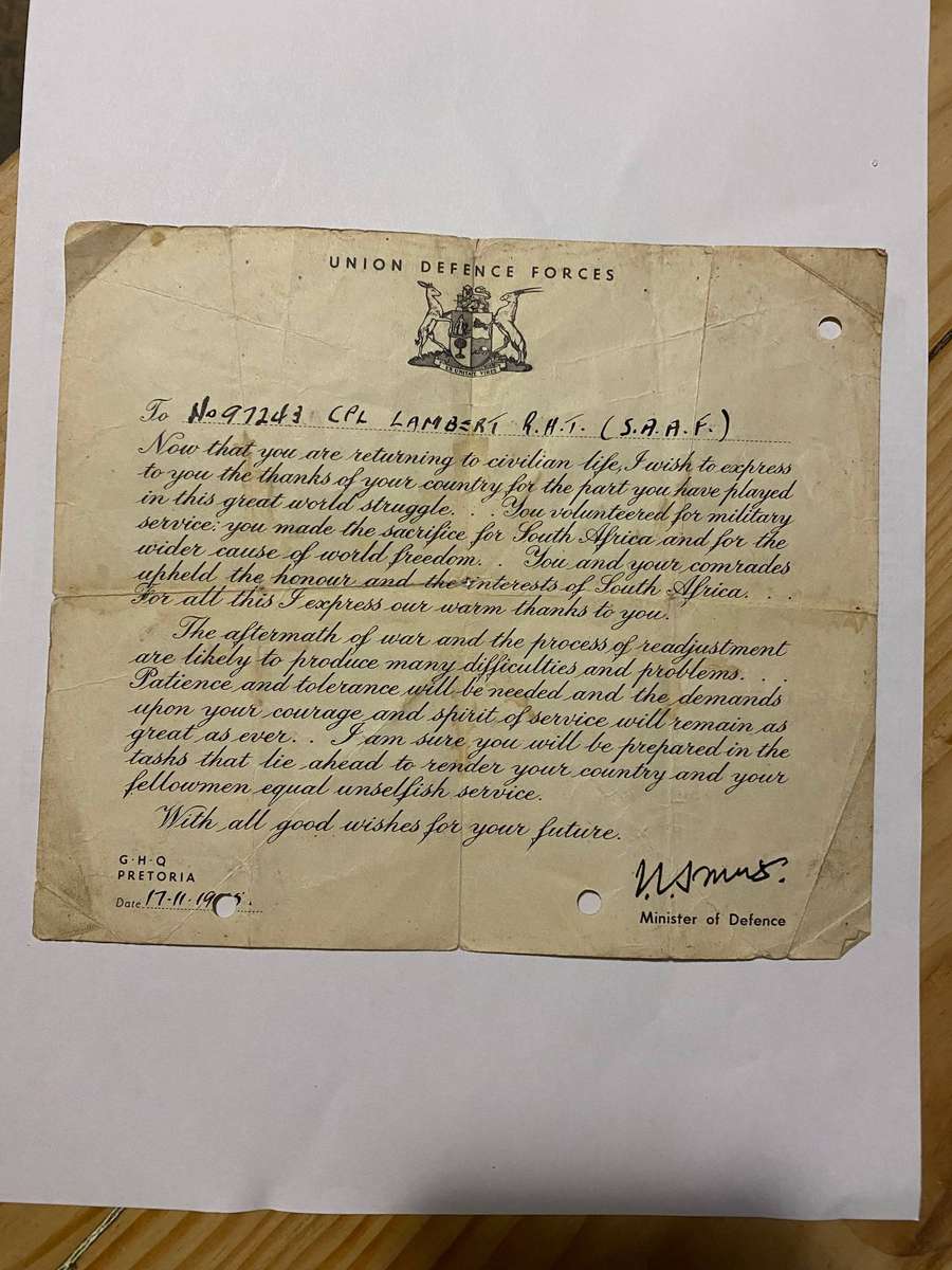South African World War II Demobilisation / Service Appreciation Letter 1945 issued by Jan Smuts
