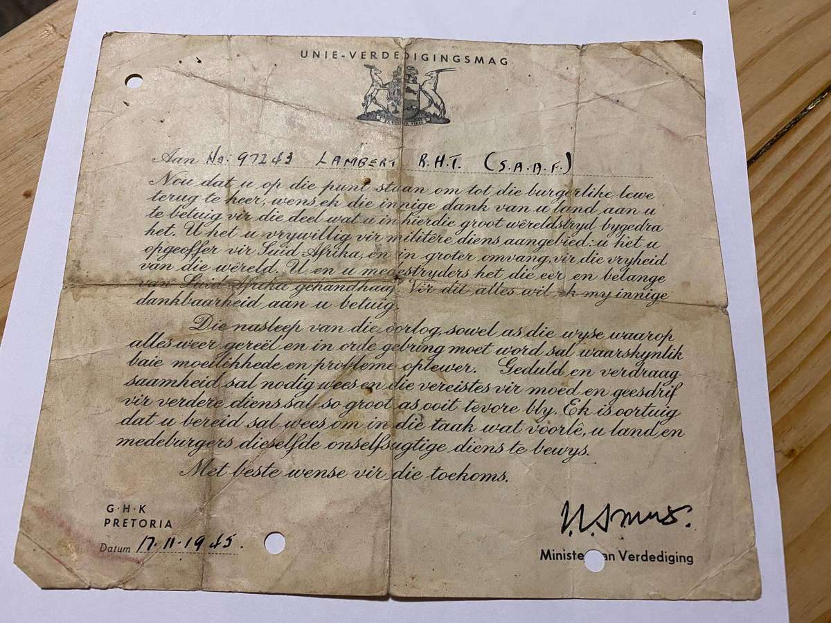 South African World War II Demobilisation / Service Appreciation Letter 1945 issued by Jan Smuts