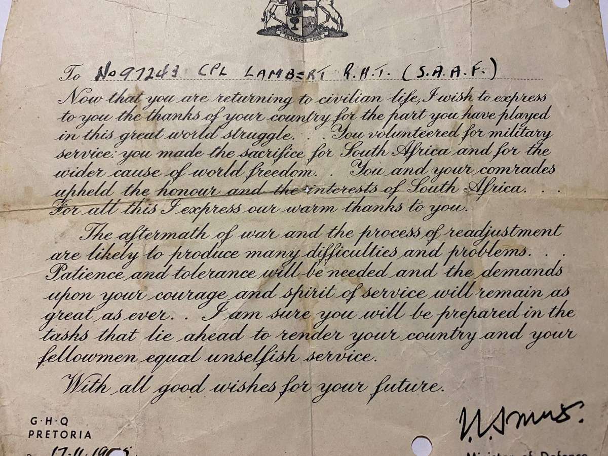 South African World War II Demobilisation / Service Appreciation Letter 1945 issued by Jan Smuts