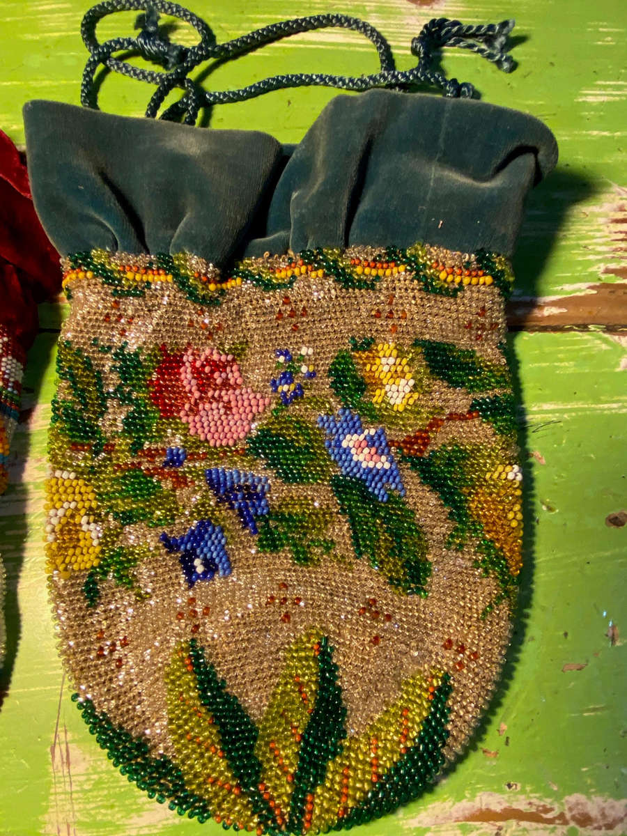 Beautiful antique micro beaded draw string purses 19th Century