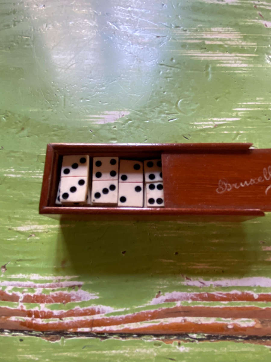 Antique Bone & Ebony 28 Piece Dominoes Set In Original Wooden Box