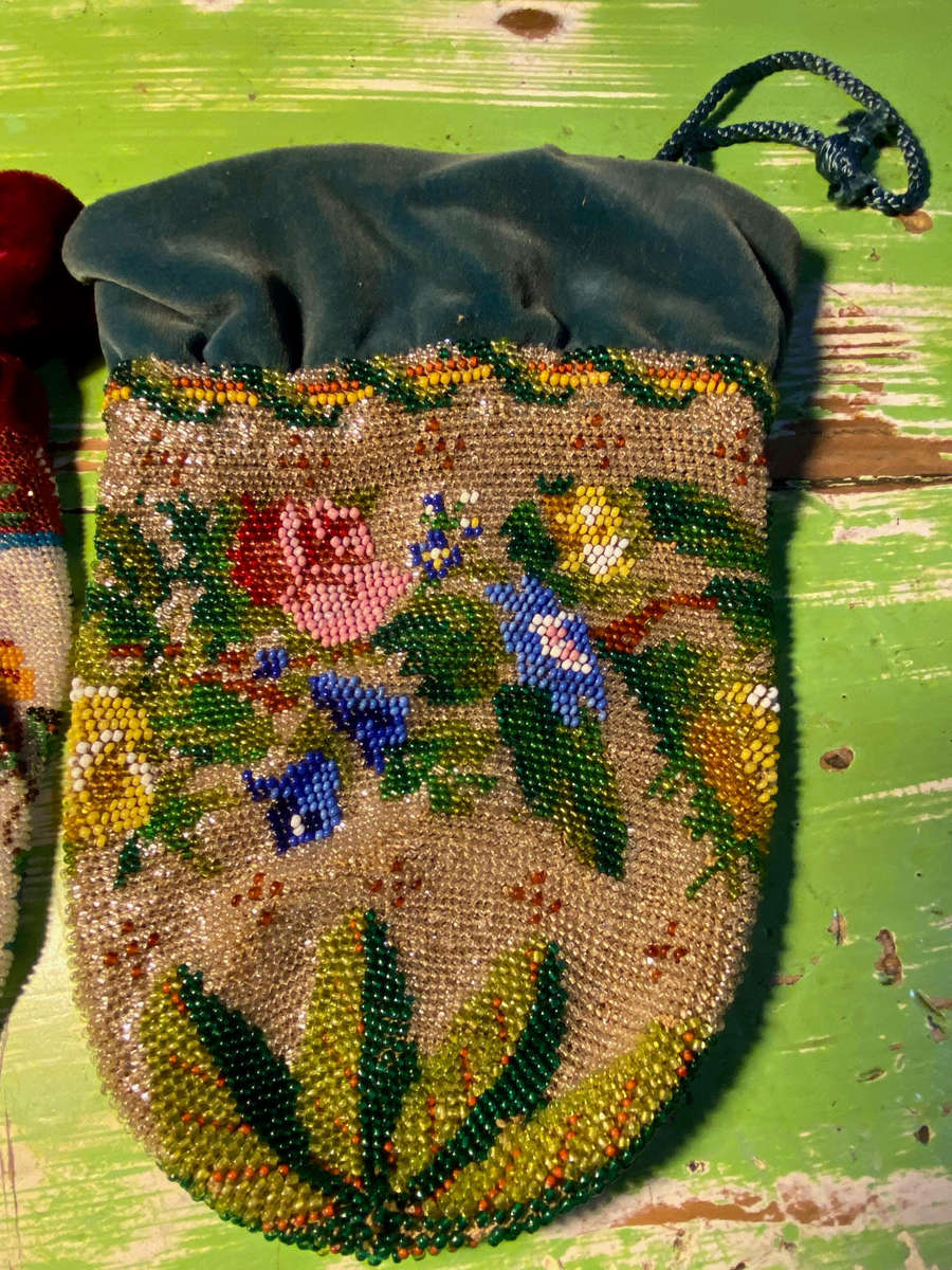 Beautiful antique micro beaded draw string purses 19th Century