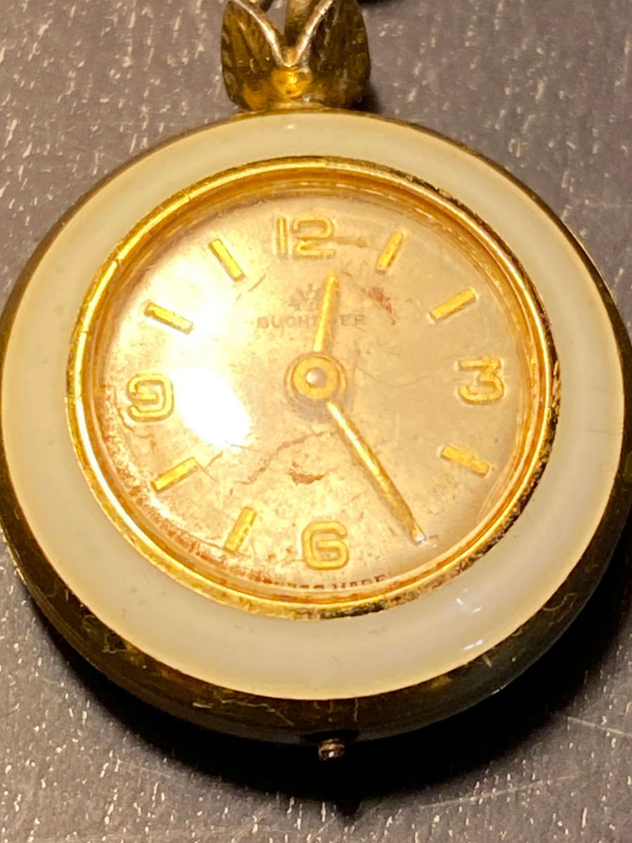 BUCHERER vintage Pendant Necklace Watch Swiss Mechanical, Floral Back