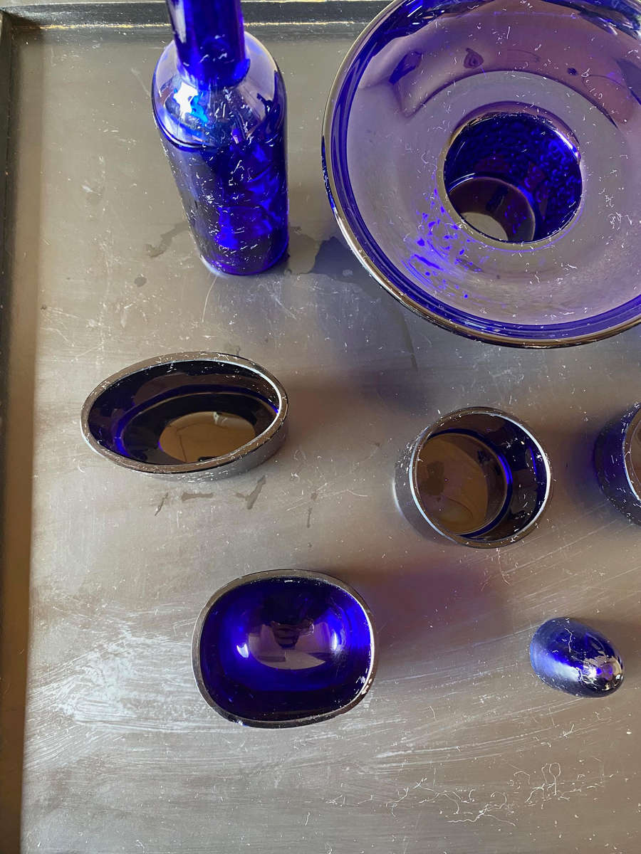 collection of blue antique glass