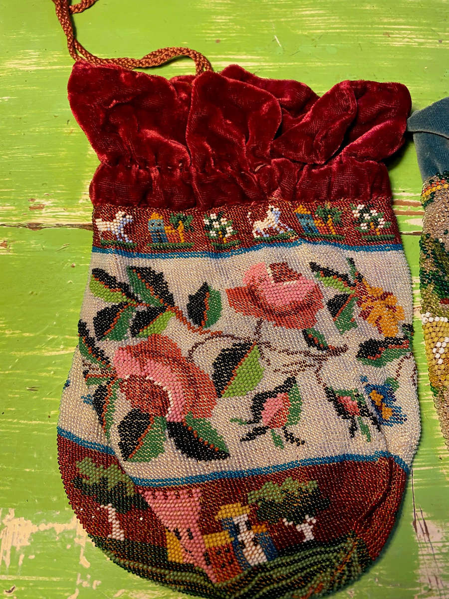Beautiful antique micro beaded draw string purses 19th Century