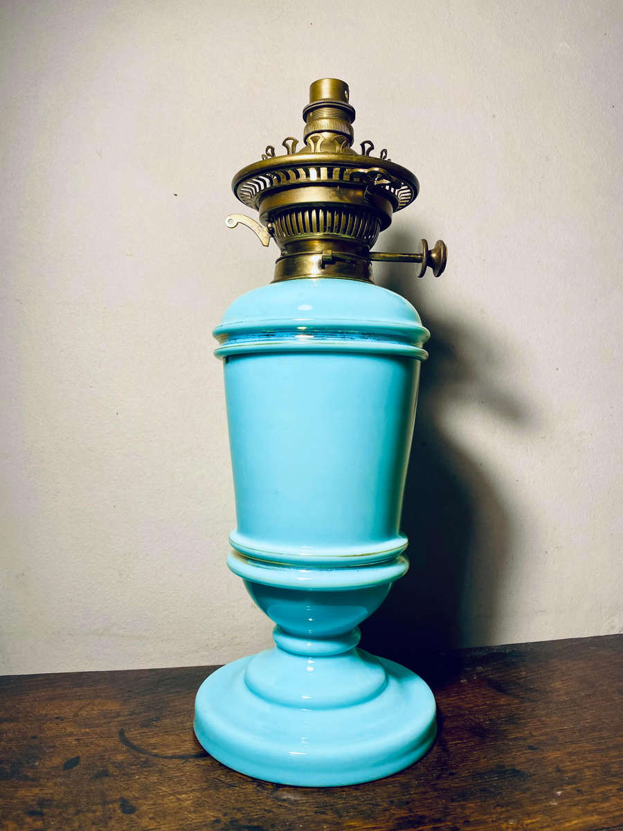 Hinks no.2 Duplex Blue Opaline Oil Lamp/Vase 1800's Electrified