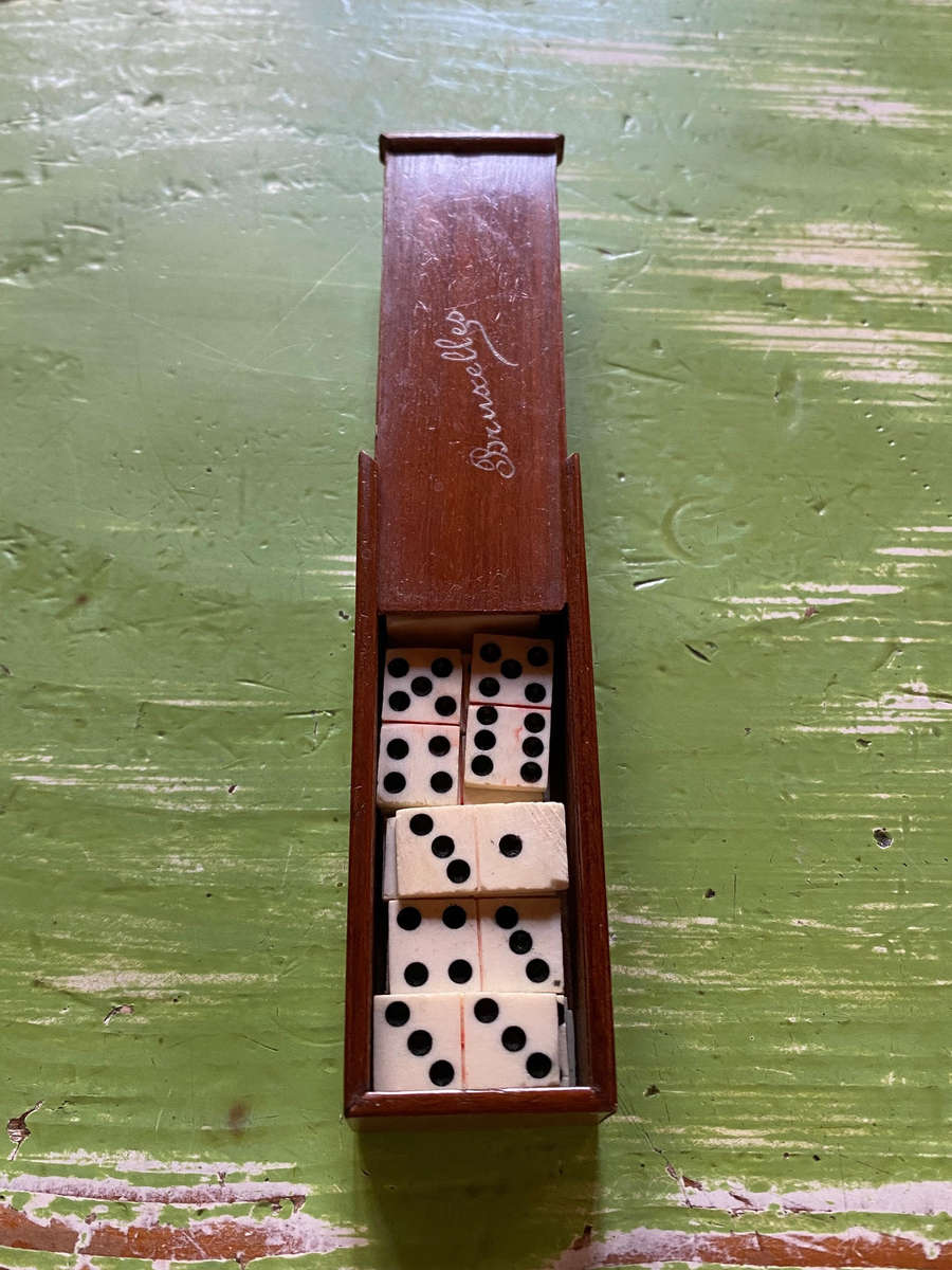 Antique Bone & Ebony 28 Piece Dominoes Set In Original Wooden Box
