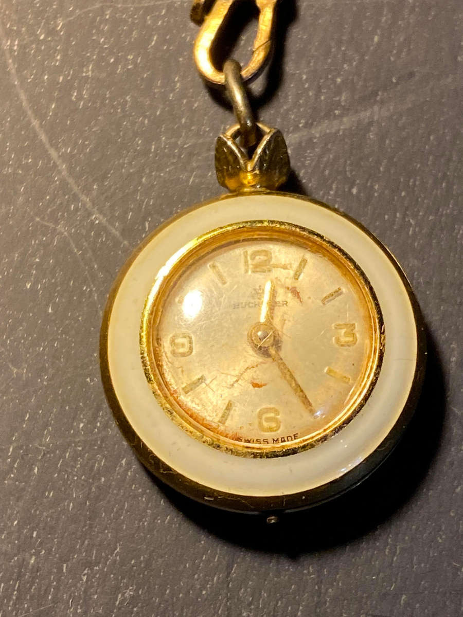 BUCHERER vintage Pendant Necklace Watch Swiss Mechanical, Floral Back