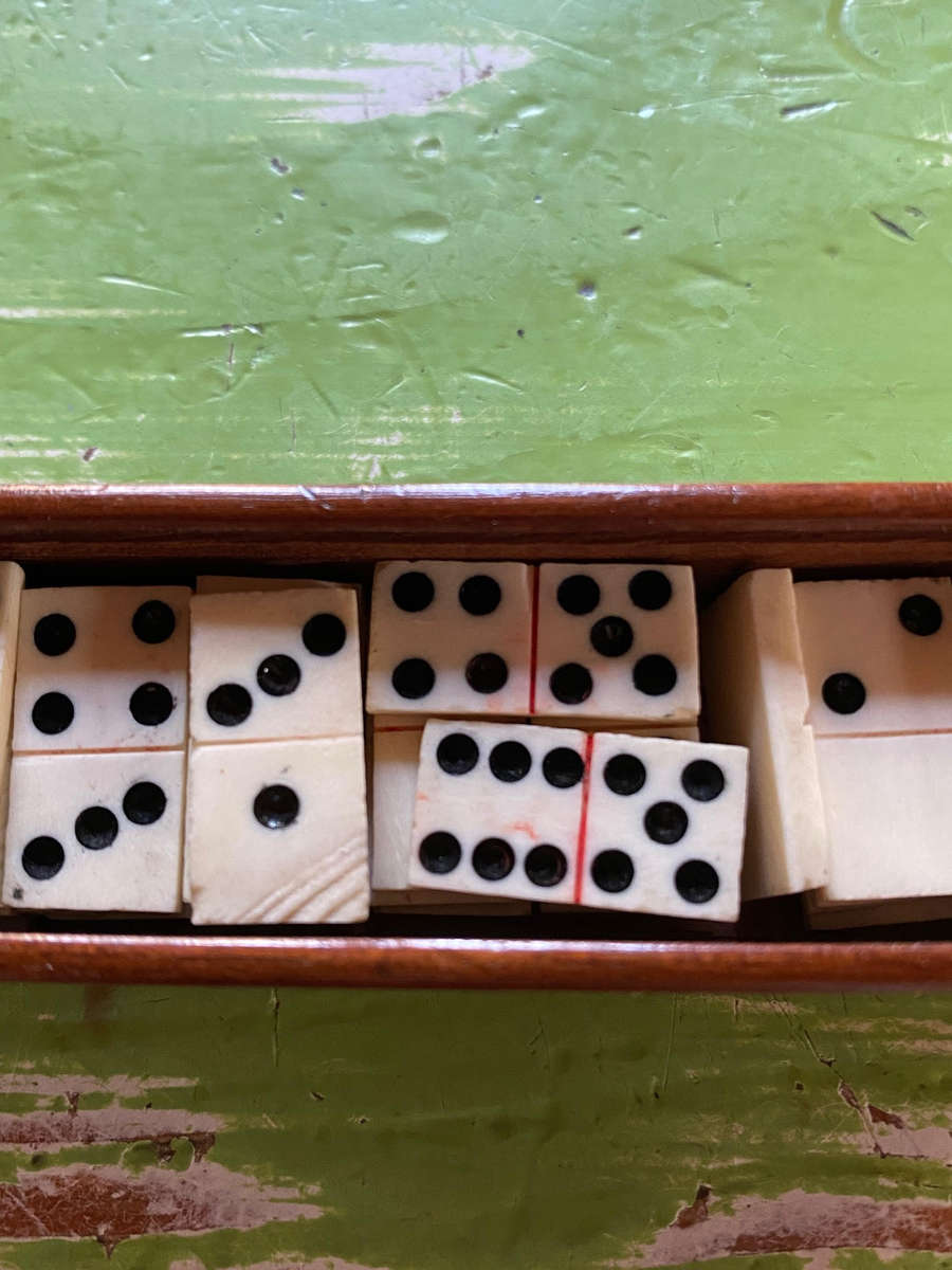Antique Bone & Ebony 28 Piece Dominoes Set In Original Wooden Box