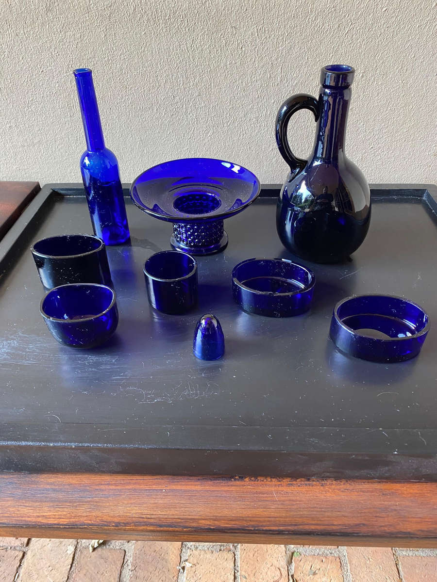 collection of blue antique glass
