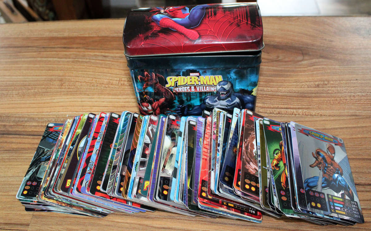 Over 200 Spiderman Heroes and villains cards in tin