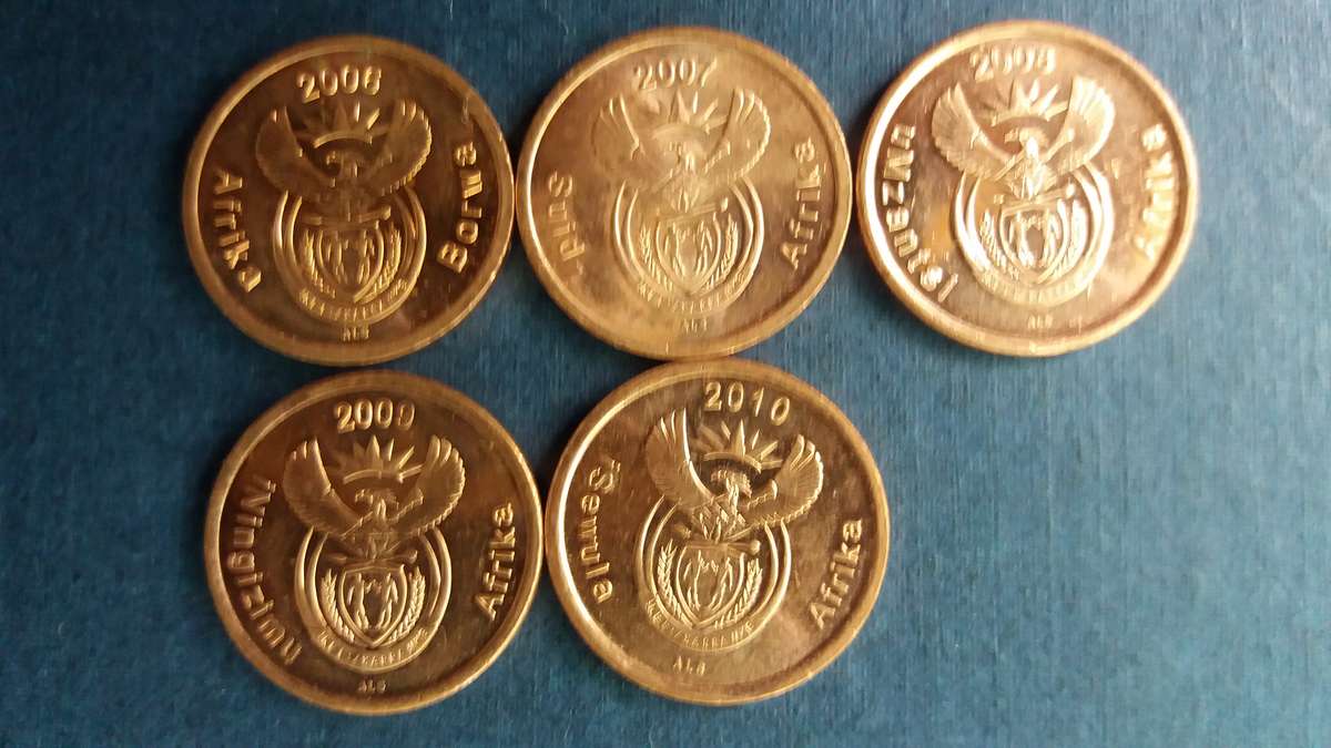 South Africa 2006, 2007, 2008, 2009 & 2010 5c * 5 x coins* Condition AU/UNC