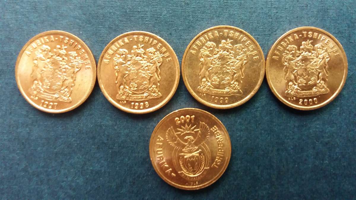 South Africa 1997, 1998, 1999, 2000 & 2001  2 cents * 5 x coins* condition AU/UNC