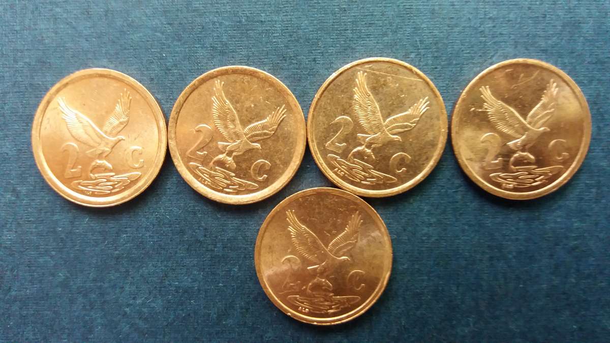 South Africa 1997, 1998, 1999, 2000 & 2001  2 cents * 5 x coins* condition AU/UNC