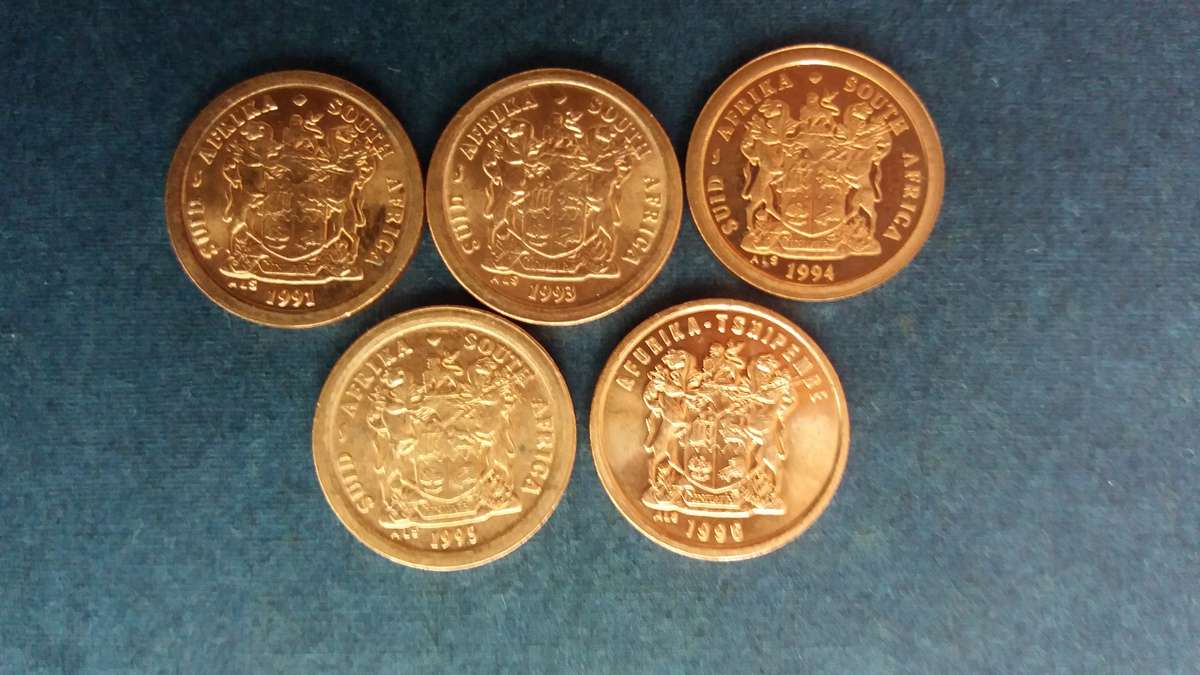 South Africa 1991, 1993, 1994, 1995, 1996 2 cent * 5 x coins* Condition AU