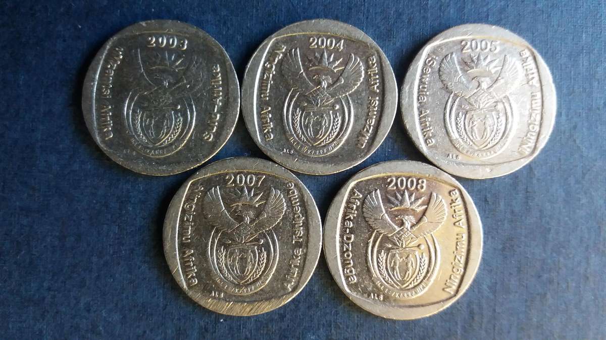 South Africa 2003, 2004, 2005, 2007 & 2008 R1 * 5 x coins*