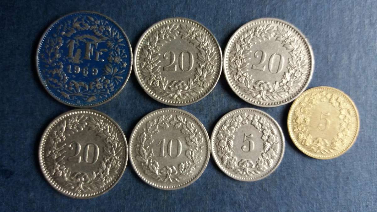 Switzerland lot of coins * 7 x coins* - 1 Swiss Franc & 80 Rappens*