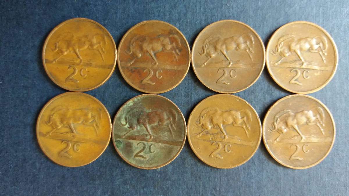 South Africa 1965, 1966, 1967 & 1969 2 cent *English & Afrikaans legend -Jan Van Riebeeck* 8 x coins