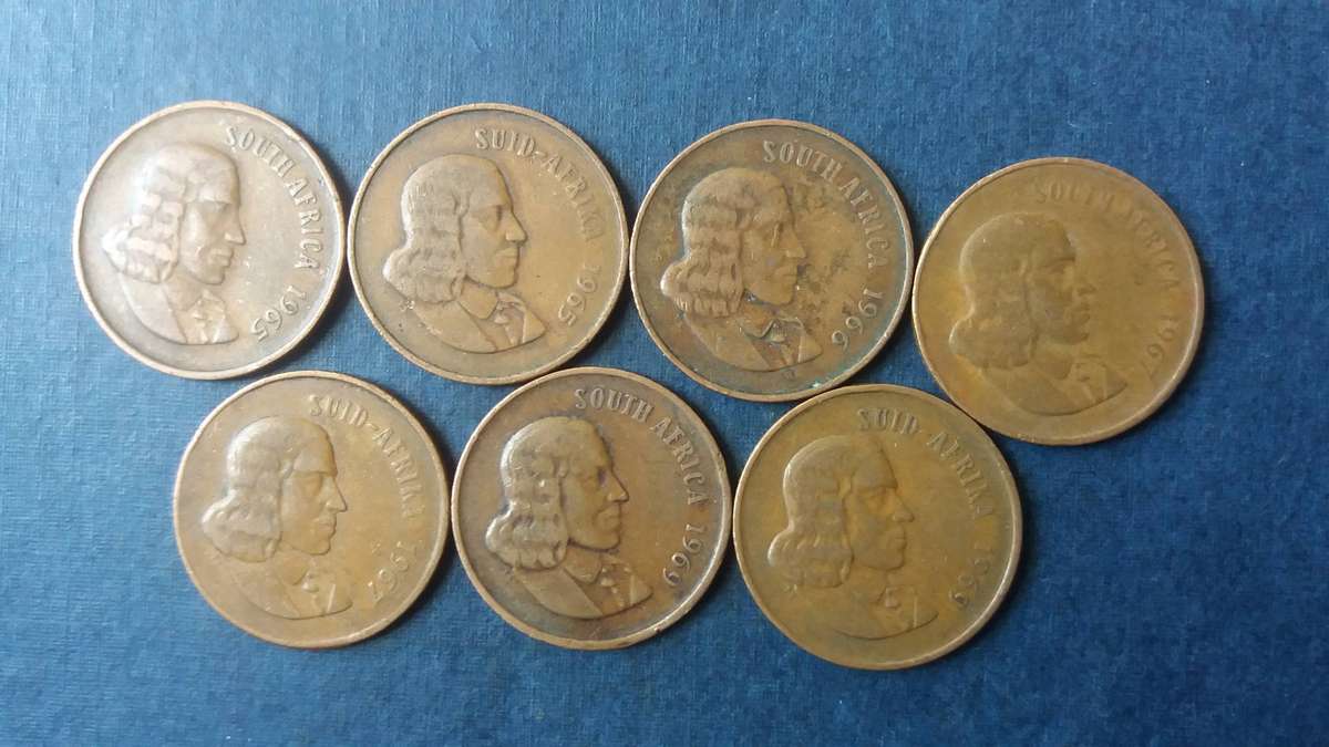 South Africa 1965, 1967 & 1969 E & A , 1966 E  2 cent *Jan Van Riebeeck* 7 x coins