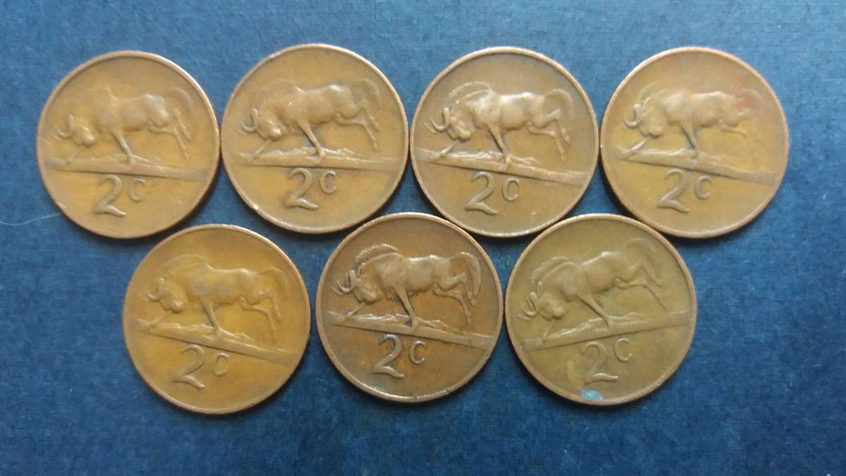 South Africa 1965, 1967 & 1969 E & A , 1966 E  2 cent *Jan Van Riebeeck* 7 x coins