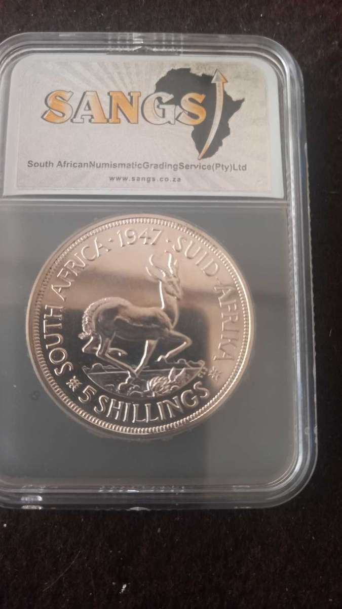 1947 S. AFRICA 5 SHILLINGS. PF62 SANGS