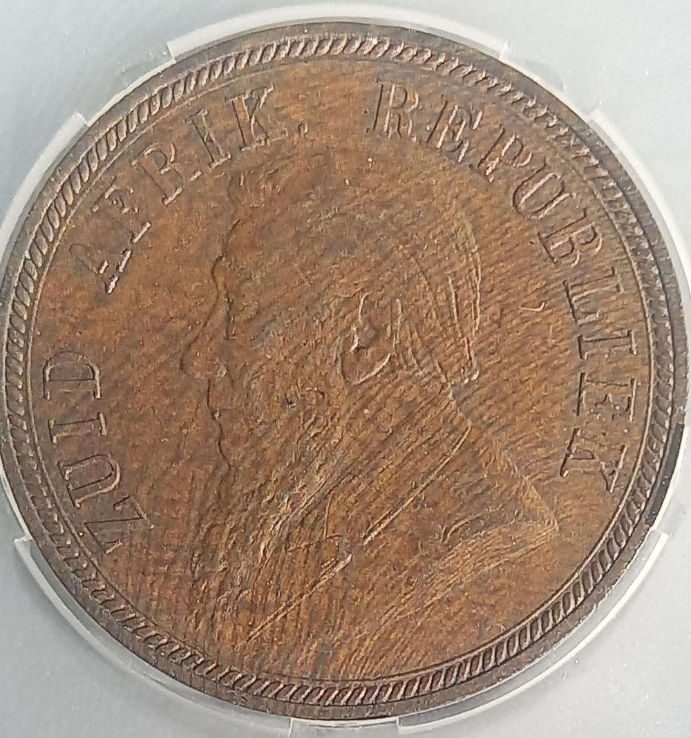 1894 ZAR ONE PENNY AU53 BN. SCARCER YEAR WITH LOW MINTAGE