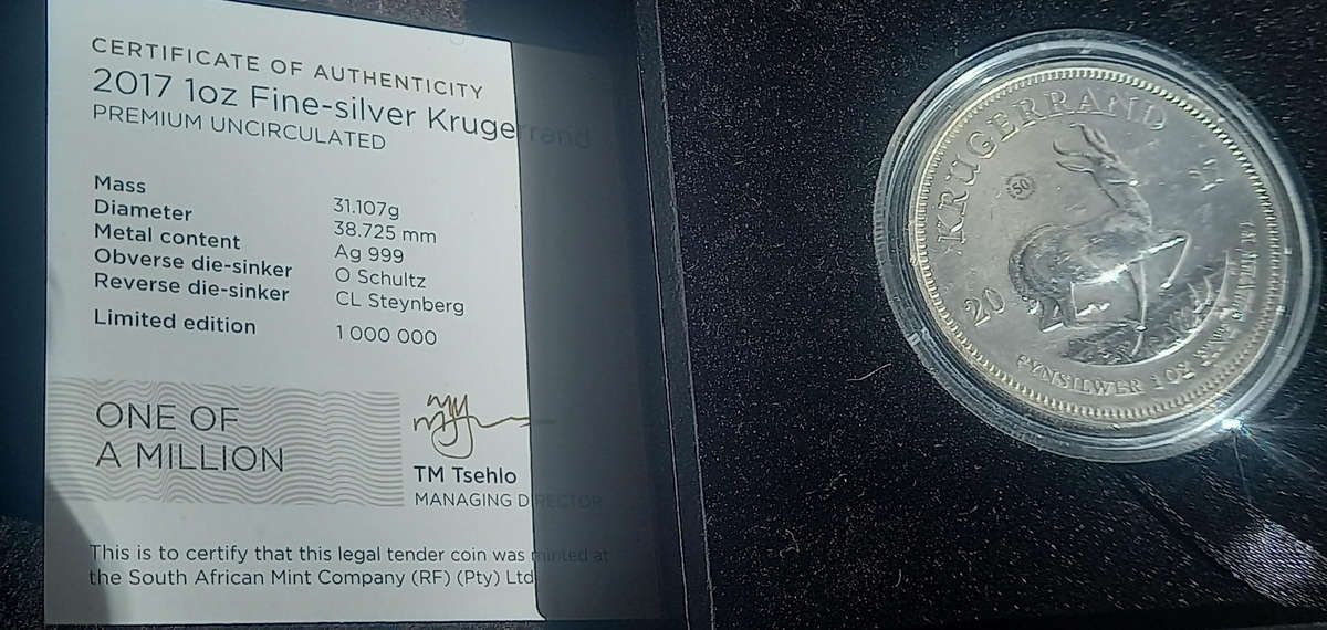 2017 1oz FINE- SILVER KRUGERRAND. PREMIUM UNCICULATED