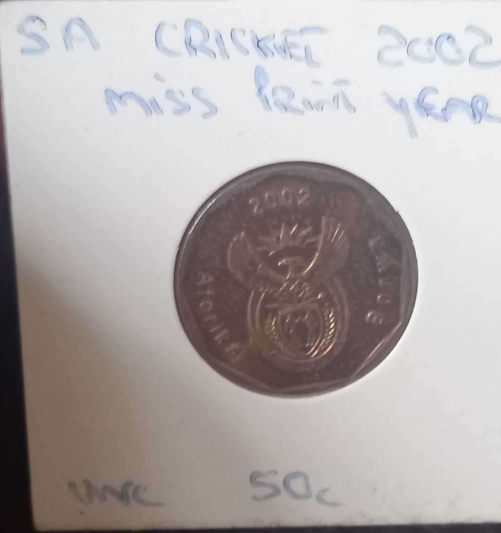 UNCIRCULATED RSA 50C DEPICTING CRICKET 2002 misprint year