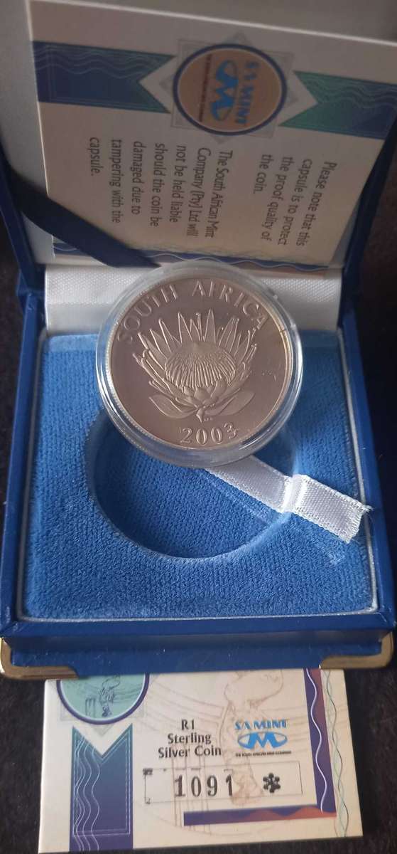 2003 PROTEA R1 CRICKET SERIES WITH CERTIFICATE OF AUTHENTICATION .  SILVER IN SA MINT BOX