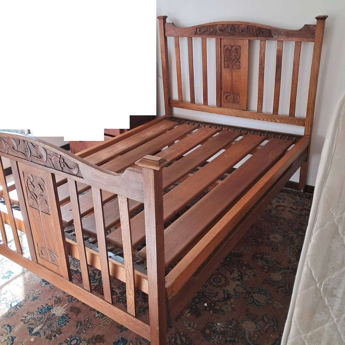 Antique Oak Bed  Carved Detail