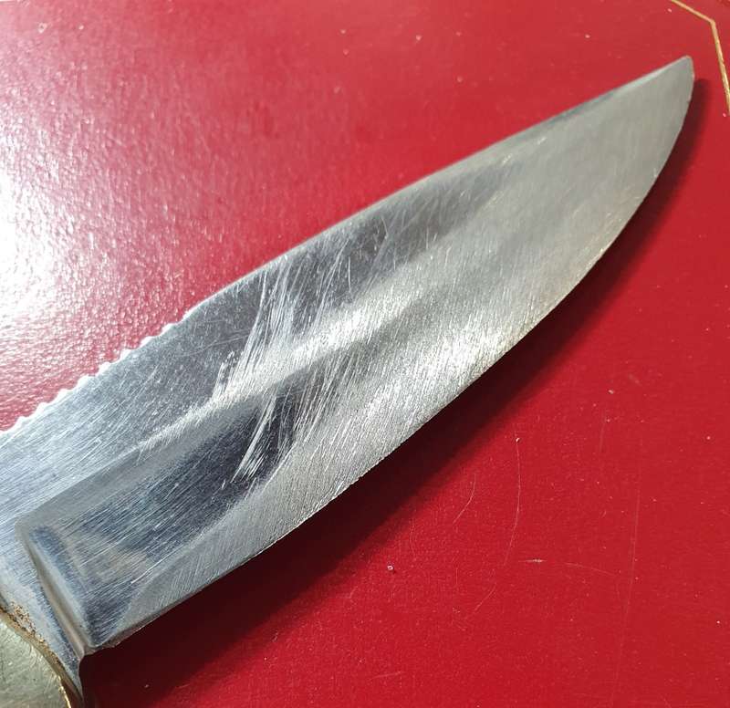 21CM LONG HUNTING KNIFE. WOOD AND BRASS HANDLE.