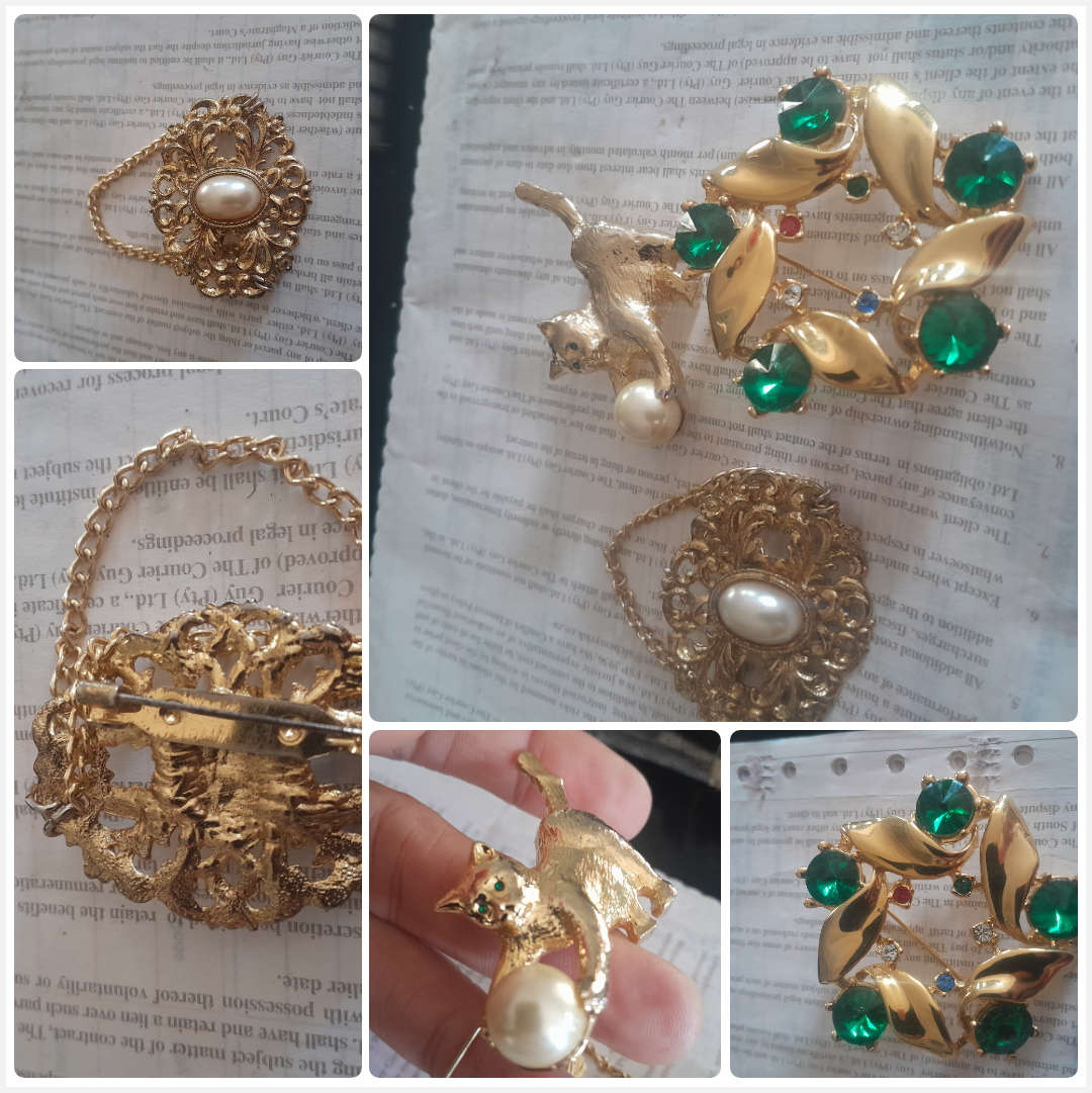 3 Gold Pearl Vintage Brooches