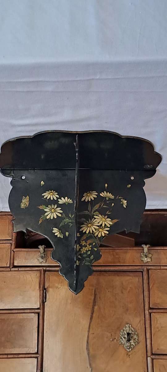 ca 1900 Beautiful hand painted black lacquer wall shelf