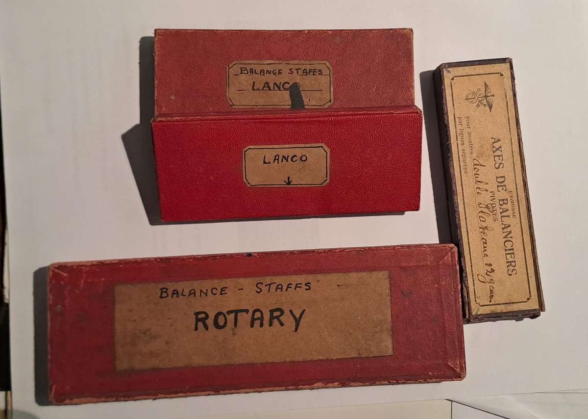 3 box lot double balances, pivots, Lanco and Rotary Balance staffs