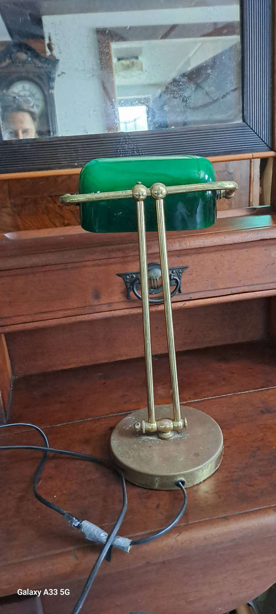 Vintage green shade and brass bankers table lamp working
